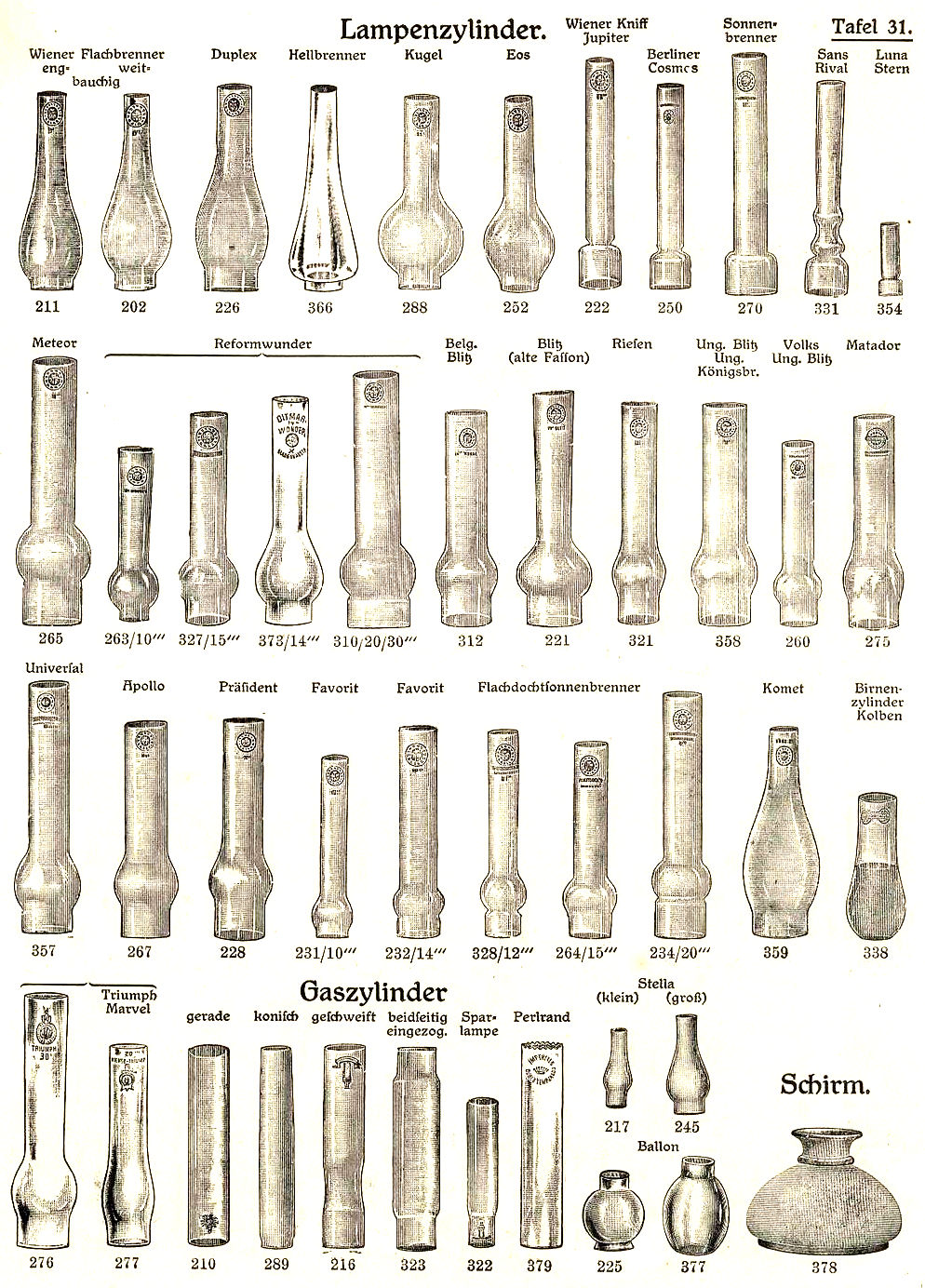 Diverse, unterschiedliche Zylinderformen für Petroleumlampen